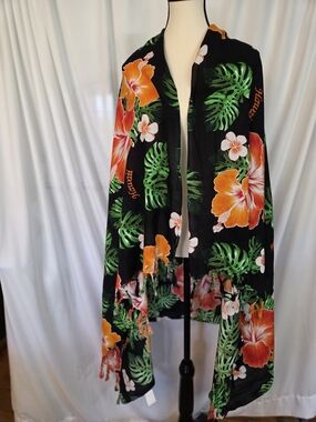 Aloha Fashion Tropical Floral Wrap Scarf/Wrap Black/Orange/Green Print